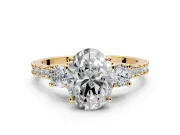 3 Stone Engagement Ring Setting for Oval Center with Round Cut Side Accents and Prong Head in Yellow Gold