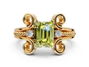 Solitaire Engagement Ring Setting for Fancy Yellow Emerald Cut Center with Twisted Band and Scroll Prong Head in Yellow Gold