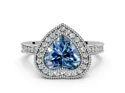 Halo Engagement Ring Setting for Fancy Blue Heart-Shaped Center with Milgrain Halo, Pave Band and Prong Head in Platinum