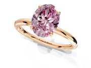 Hidden Halo Engagement Ring Setting for Fancy Pink Oval Center with Thin Rounded Band and Prong Head in Rose Gold