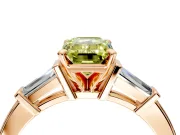 3 Stone Engagement Ring Setting for Fancy Yellow Emerald Cut Center with Channel Baguette Accents and Prong Head in Rose Gold