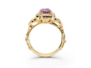 Halo Engagement Ring Setting for Fancy Pink Radiant Cut Center with Open Scroll Shoulders and Prong Head in Yellow Gold