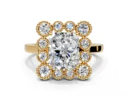 Cluster Halo Engagement Ring Setting for Radiant Cut Center with Milgrain Bezel Accents and Prong Head in Yellow Gold