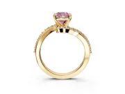 Solitaire Engagement Ring Setting for Fancy Pink Cushion Cut Center with Pave Bypass Swirl Band and Prong Head in Yellow Gold