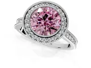 Halo Engagement Ring Setting for Fancy Pink Round Cut Center with Milgrain Pave Band and Bezel Head in Platinum