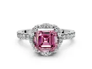 Floral Halo Engagement Ring Setting for Fancy Pink Asscher Cut Center with Pave Band and Prong Head in Platinum