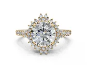 Sunburst Halo Engagement Ring Setting for Round Cut Center with Pave Band and Prong Head in Yellow Gold