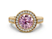 Milgrain Halo Engagement Ring Setting for Fancy Pink Round Cut Center with Pave Band and Prong Head in Yellow Gold