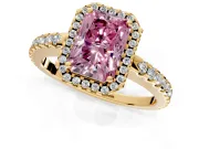 Accent Halo Engagement Ring Setting for Fancy Pink Radiant Cut Center with Full-Length Pave Band and Prong Head in Yellow Gold