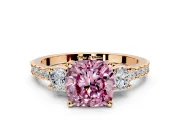 3 Stone Engagement Ring Setting for Fancy Pink Cushion Cut Center with Round Cut Side Accents and Prong Head in Rose Gold