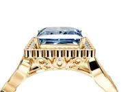 Halo Engagement Ring Setting for Fancy Blue Princess Cut Center with Leaf Motif Split Shank and Prong Head in Yellow Gold