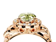 Halo Engagement Ring Setting for Fancy Yellow Oval Center with Open Scroll Shoulders and Prong Head in Rose Gold