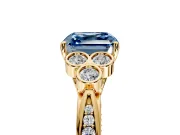 Cluster Engagement Ring Setting for Fancy Blue Asscher Cut Center with Bezel Accent Clusters and Prong Head in Yellow Gold