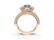 Pave Engagement Ring Setting for Fancy Blue Cushion Cut Center with Curved Accent Rows, Openwork and Prong Head in Rose Gold