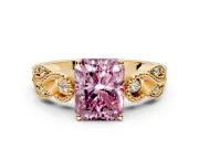 Leaf Engagement Ring Setting for Fancy Pink Princess Cut Center with Milgrain Accent Band and Prong Head in Yellow Gold
