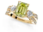 3 Stone Engagement Ring Setting for Fancy Yellow Emerald Cut Center with Pave Twist Band and Prong Head in Yellow Gold