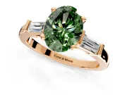 3 Stone Engagement Ring Setting for Fancy Green Oval Center with Channel Baguette Accents and Prong Head in Rose Gold