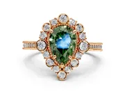 Milgrain Halo Engagement Ring Setting for Fancy Green Pear-Shaped Center with Bezel Point Accents and Prong Head in Rose Gold
