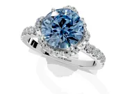 Halo Engagement Ring Setting for Fancy Blue Round Cut Center with Openwork Halo, Pave Band and Prong Head in White Gold