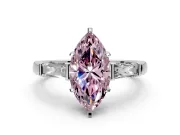 3 Stone Engagement Ring Setting for Fancy Pink Marquise Center with Tapered Baguettes, Plain Band and Prong Head in White Gold