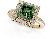 Pave Halo Engagement Ring Setting for Fancy Green Princess Cut Center with Single Row Pave Band and Prong Head in Yellow Gold