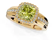 Halo Engagement Ring Setting for Fancy Yellow Cushion Cut Center with Wide Band, Inlaid Accent Row and Prong Head in Yellow Gold