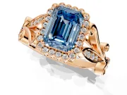 Halo Engagement Ring Setting for Fancy Blue Emerald Cut Center with Leaf Motif Split Shank and Prong Head in Rose Gold