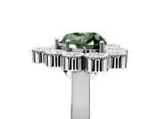 Cluster Halo Engagement Ring Setting for Fancy Green Heart-Shaped Center with Milgrain Bezel Accents and Prong Head in Sterling Silver