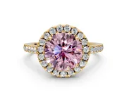 Halo Engagement Ring Setting for Fancy Pink Round Cut Center with Raised Halo, Pave Band and Prong Head in Yellow Gold