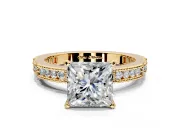 Solitaire Engagement Ring Setting for Princess Cut Center with Milgrain-Edged Pave Band and Prong Head in Yellow Gold