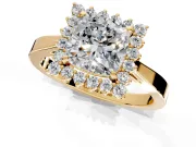 Starburst Halo Engagement Ring Setting for Cushion Cut Center with Flat Cathedral Band and Prong Head in Yellow Gold
