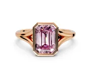 Solitaire Engagement Ring Setting for Fancy Pink Emerald Cut Center with V Split Shank and Bezel Head in Rose Gold