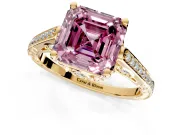 Cathedral Engagement Ring Setting for Fancy Pink Asscher Cut Center with Antique-Style Pave Band and Prong Head in Yellow Gold