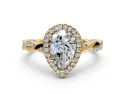 Halo Engagement Ring Setting for Pear-Shaped Center with Pave and Plain Twist Band and Prong Head in Yellow Gold