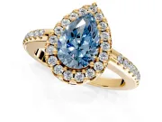 Pave Halo Engagement Ring Setting for Fancy Blue Pear-Shaped Center with Single Row Pave Band and Prong Head in Yellow Gold