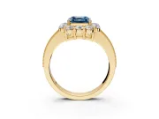 Halo Engagement Ring Setting for Fancy Blue Asscher Cut Center with Milgrain Channel Band and Prong Head in Yellow Gold