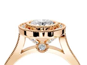 Halo Engagement Ring Setting for Oval Center with Milgrain Frame, Pave Band and Prong Head in Rose Gold