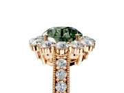 Halo Engagement Ring Setting for Fancy Green Round Cut Center with Milgrain Channel Band and Prong Head in Rose Gold