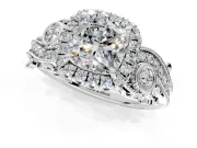 Milgrain Halo Engagement Ring Setting for Cushion Cut Center with Shoulder Bezels and Prong Head in Platinum