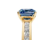 Solitaire Engagement Ring Setting for Fancy Blue Asscher Cut Center with Princess Cut Channel Band and Prong Head in Yellow Gold