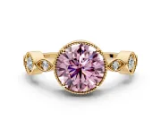 Vintage Station Engagement Ring Setting for Fancy Pink Round Cut Center with Accents and Prong Head in Yellow Gold