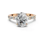 Baguette Engagement Ring Setting for Oval Center with Alternating Bar-Set Band and Prong Head in Rose Gold
