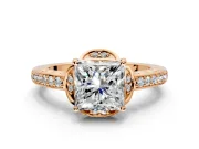 Floral Engagement Ring Setting for Princess Cut Center with Four Accent Clusters and Prong Head in Rose Gold