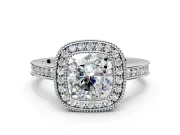 Halo Engagement Ring Setting for Cushion Cut Center with Milgrain Halo, Pave Band and Prong Head in White Gold