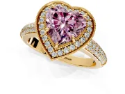 Milgrain Halo Engagement Ring Setting for Fancy Pink Heart-Shaped Center with Three-Sided Pave Band and Prong Head in Yellow Gold
