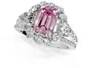 Halo Engagement Ring Setting for Fancy Pink Emerald Cut Center with Two-Strand Split Shank and Prong Head in Platinum