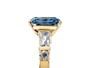 Bar-Set Engagement Ring Setting for Fancy Blue Emerald Cut Center with Tapered Baguette Accents and Prong Head in Yellow Gold