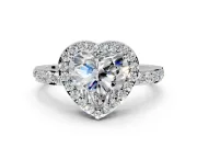 Halo Engagement Ring Setting for Heart-Shaped Center with Heart-Shaped Openwork, Pave Band and Prong Head in Platinum