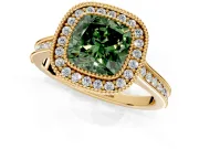 Halo Engagement Ring Setting for Fancy Green Cushion Cut Center with Milgrain Pave Band and Bezel Head in Yellow Gold
