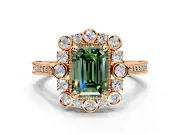 Milgrain Halo Engagement Ring Setting for Fancy Green Emerald Cut Center with Bezel Point Accents and Prong Head in Rose Gold